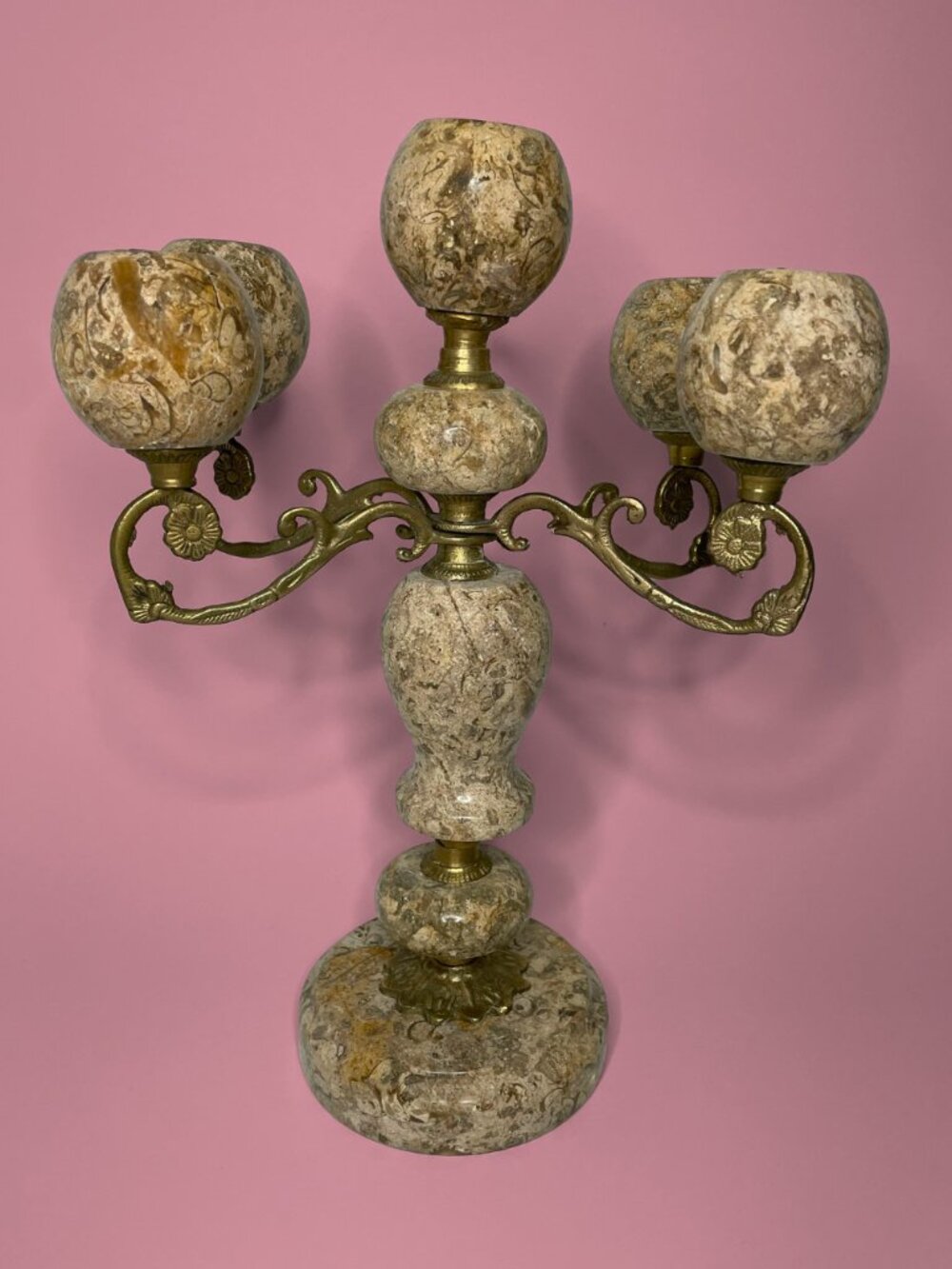 Vintage Ornate Brass & Polished Fossil Stone 5-Light Candelabra